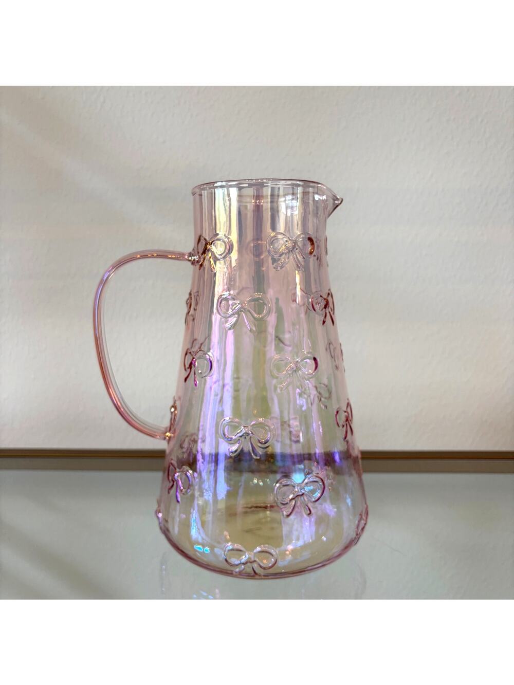 BellaLux Embossed Bow PINK Luster Glass Pitcher 9.25in Chic Barware NEW - Picture 1 of 11